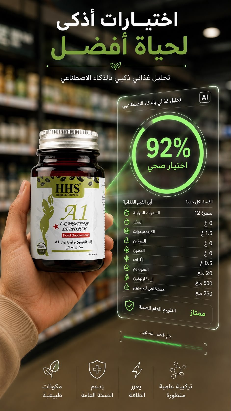 HHS A1 L-Carnitine Lepidium Herbal 30 Capsules for Weight Loss - AsrarHawa